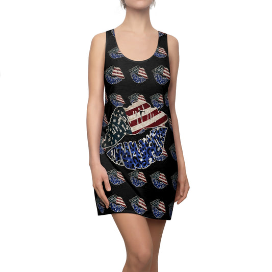 Black 4th of July flag large Lips Red Women's Cut & Sew Racerback Dress Patriotic