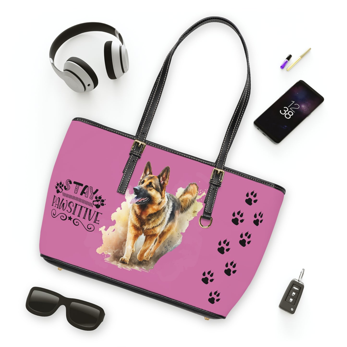 Pink Grey German Shepard Leather Shoulder Bag You had me at Woof Stay Pawsitive