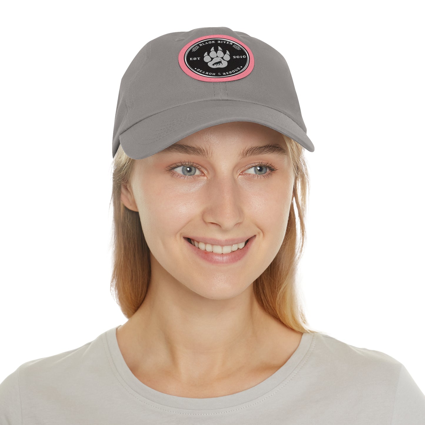 Unisex Hat with Leather Patch (Round), Black River Search & Rescue Logo, black & white patch