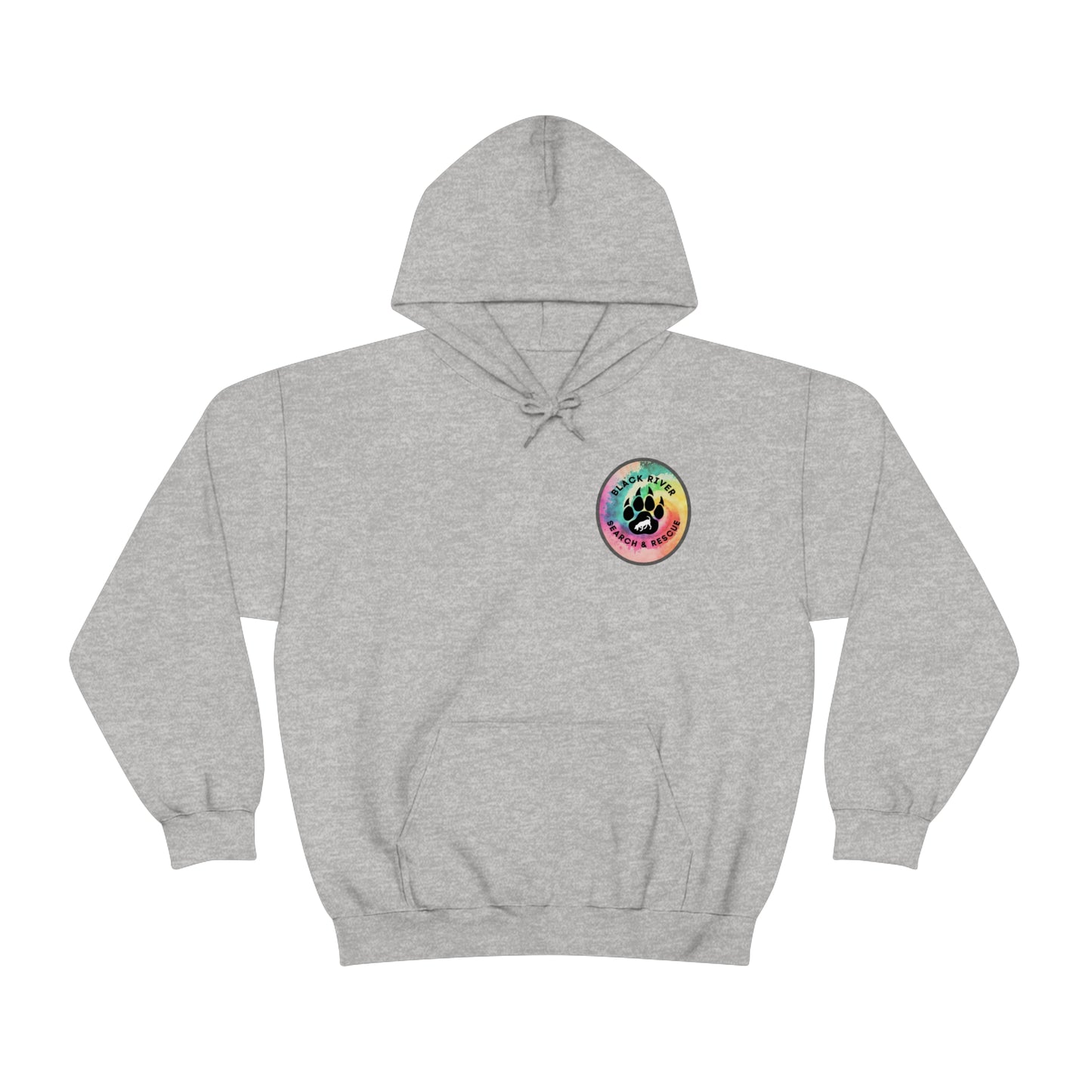 Tie Dye Black River Search & Rescue Logo with Lucy Unisex Heavy Blend™ Hooded Sweatshirt