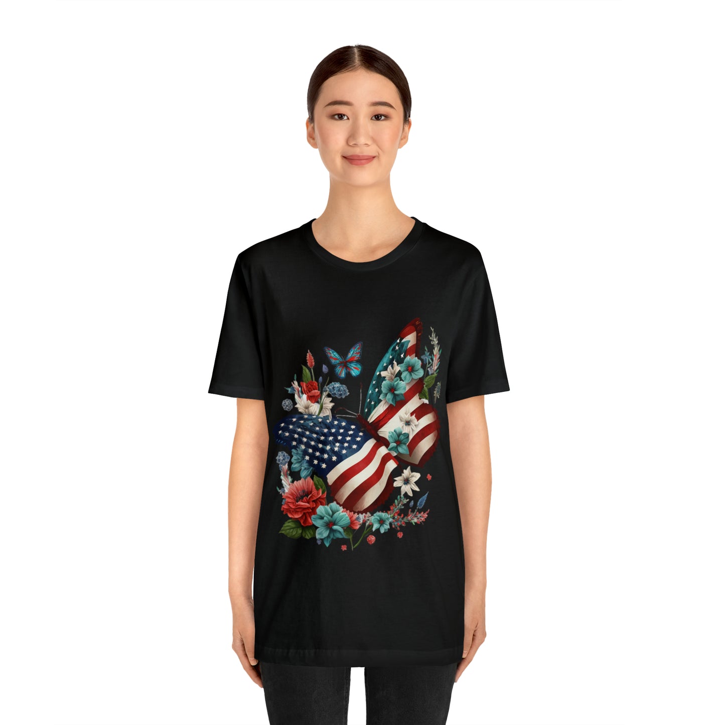 Unisex Jersey Short Sleeve Tee, American Flag, Butterfly, Patriotic