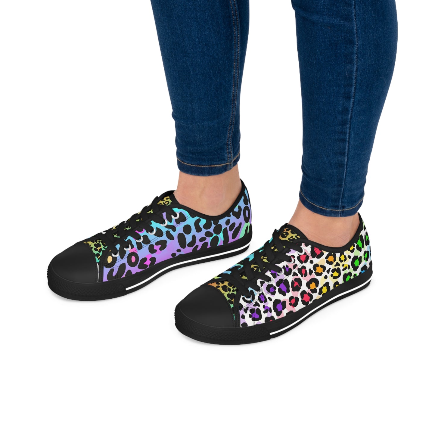 Women's Low Top Sneakers, Multicolor leopard print, Rainbow, Blue, Yellow, Aqua