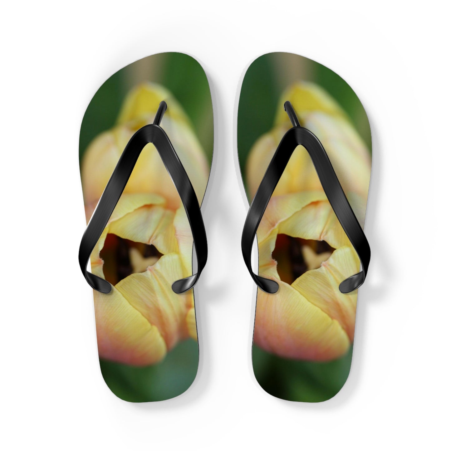 Flip Flops, tulips, peach, yellow, flowers