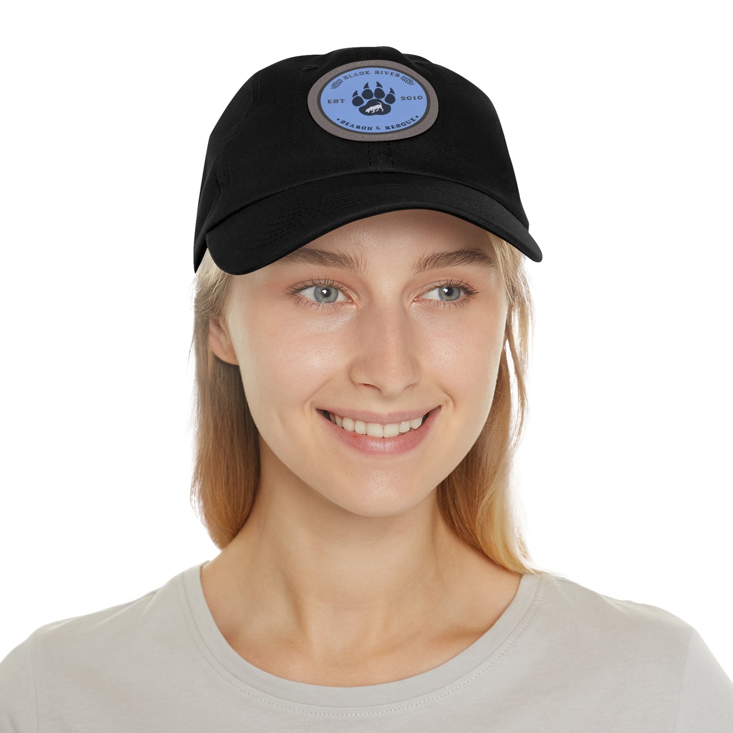 Copy of Unisex Hat with Leather Patch (Round), Black River Search & Rescue Logo, Vintage Blue patch