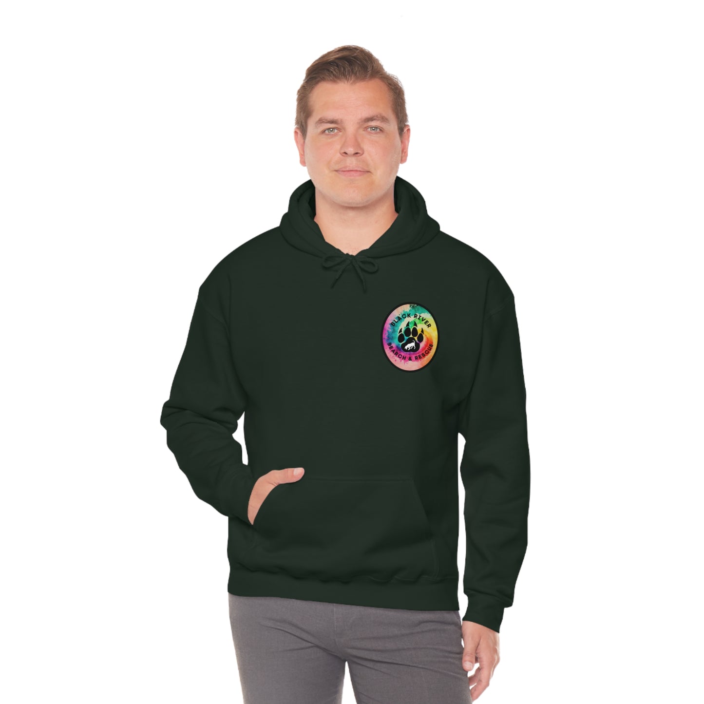 Tie Dye Black River Search & Rescue Logo with Lucy Unisex Heavy Blend™ Hooded Sweatshirt