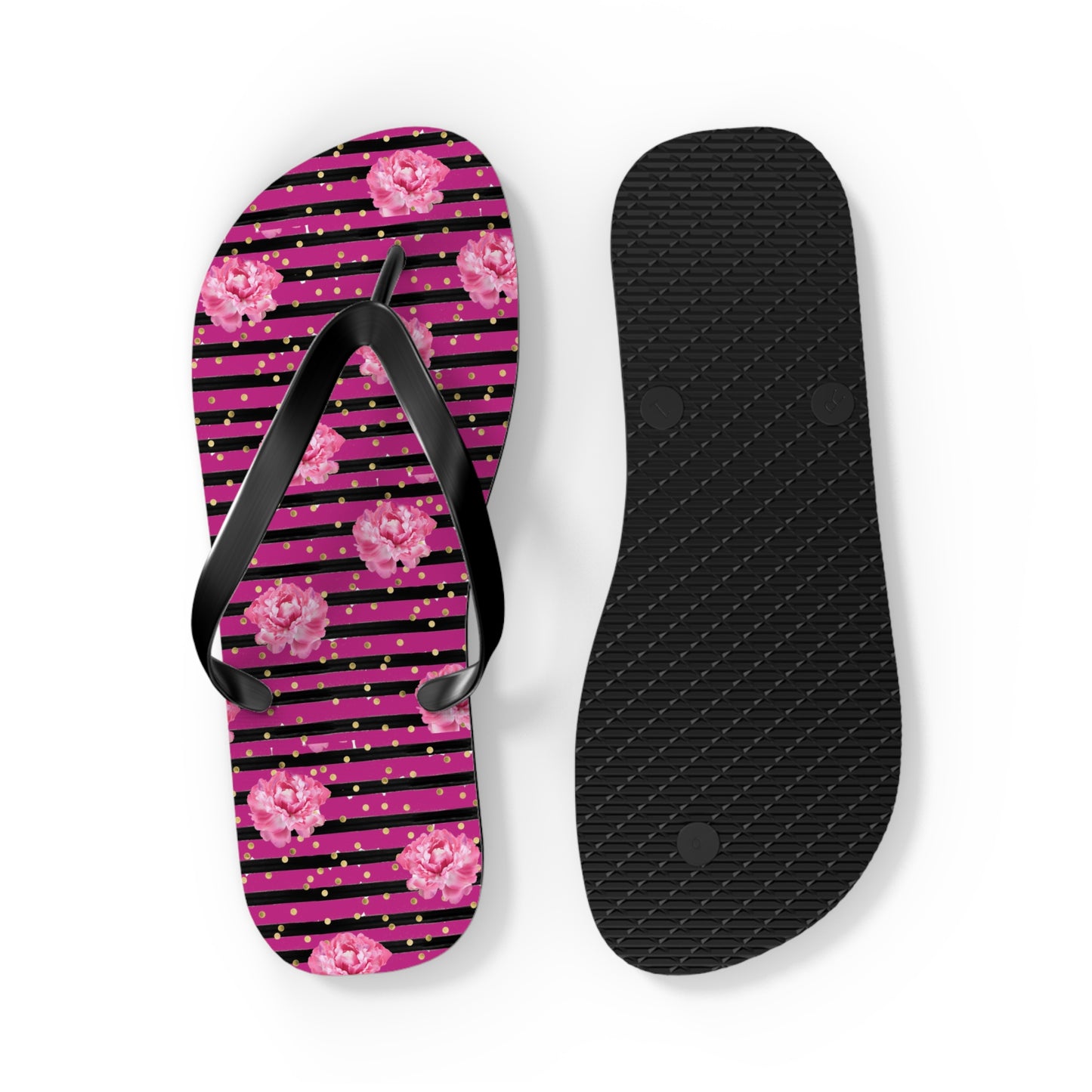 Bright Pink rose and black striped Flip Flops