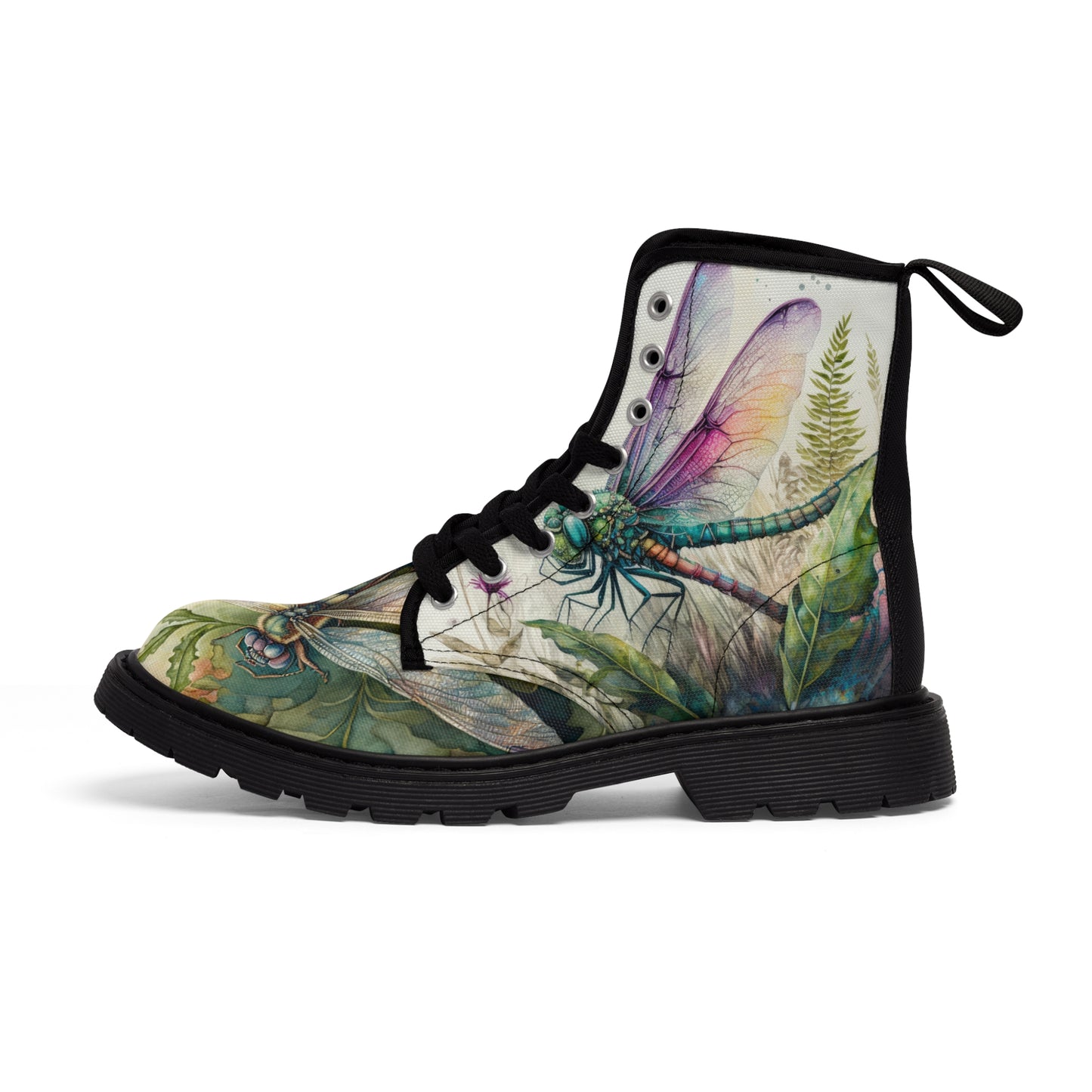 Women's Canvas Boots, Watercolor, Dragonflies, Green, Flowers