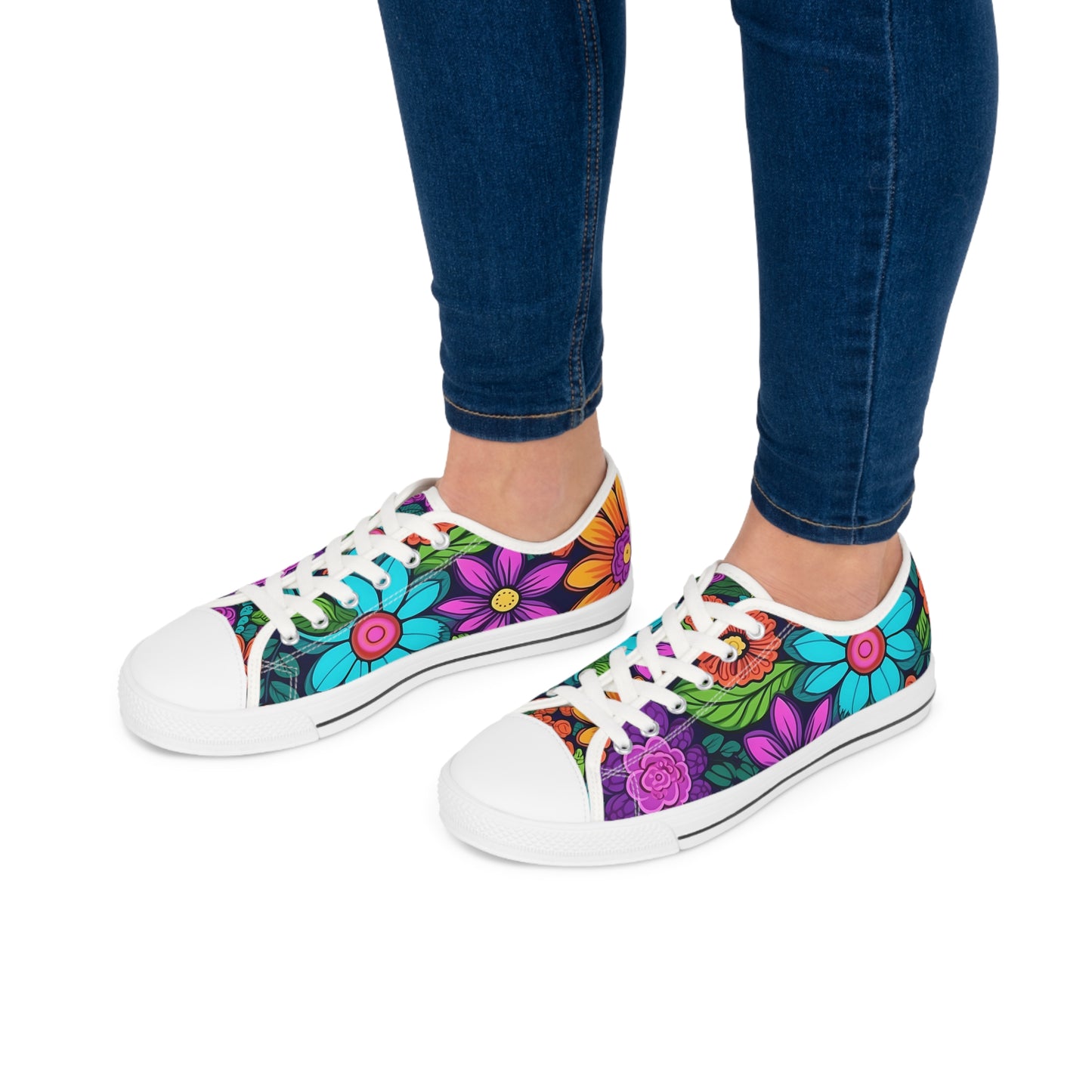 Women's Low Top Sneakers, Retro Flowers, Purple, Aqua, Multi-color floral