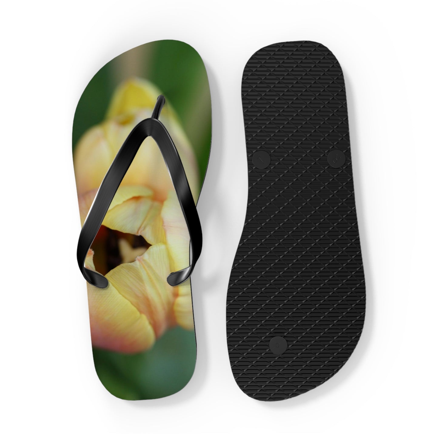 Flip Flops, tulips, peach, yellow, flowers