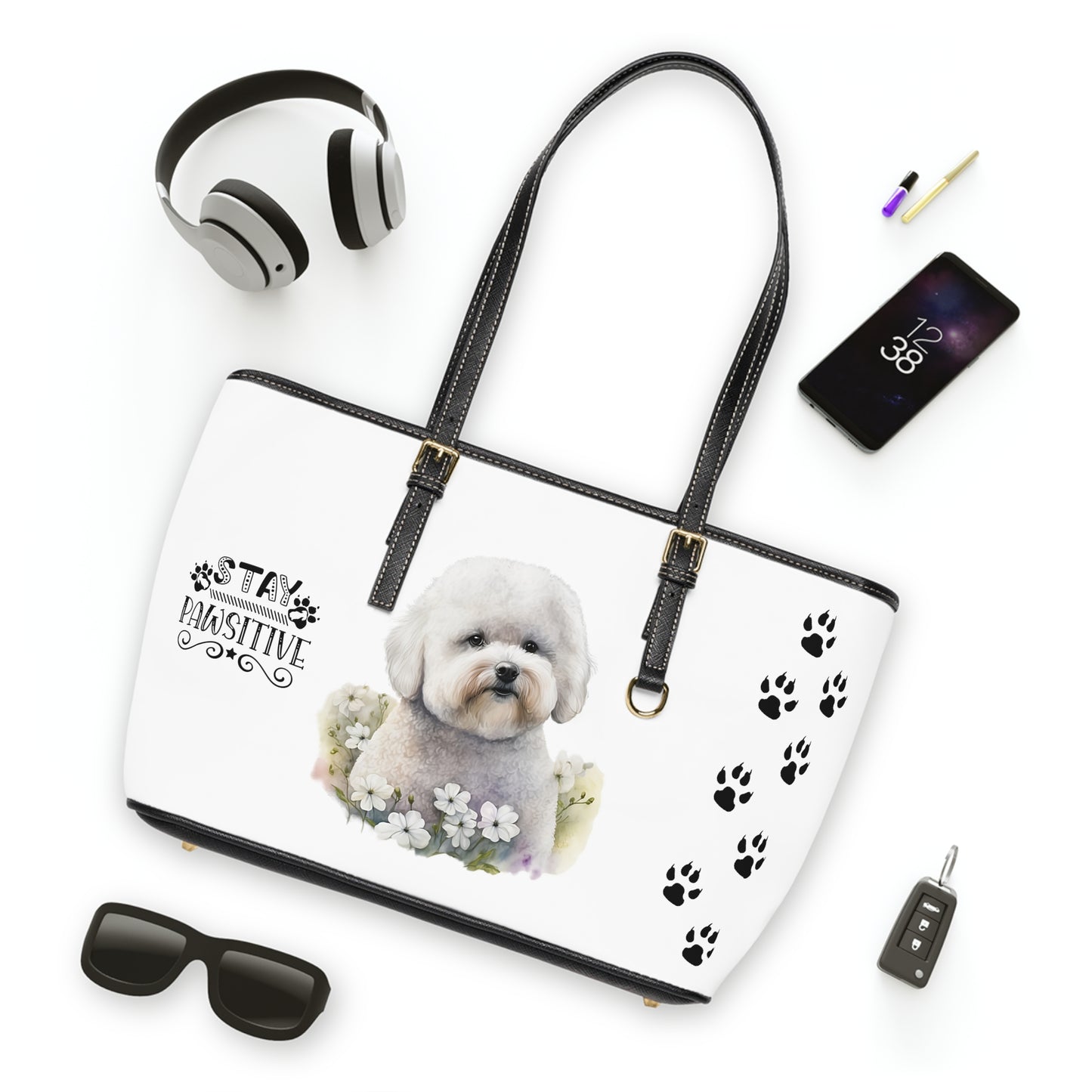 Bichon Frise Leather Shoulder Bag two Bichon pictures You Had Me at Woof Stay Pawsitive