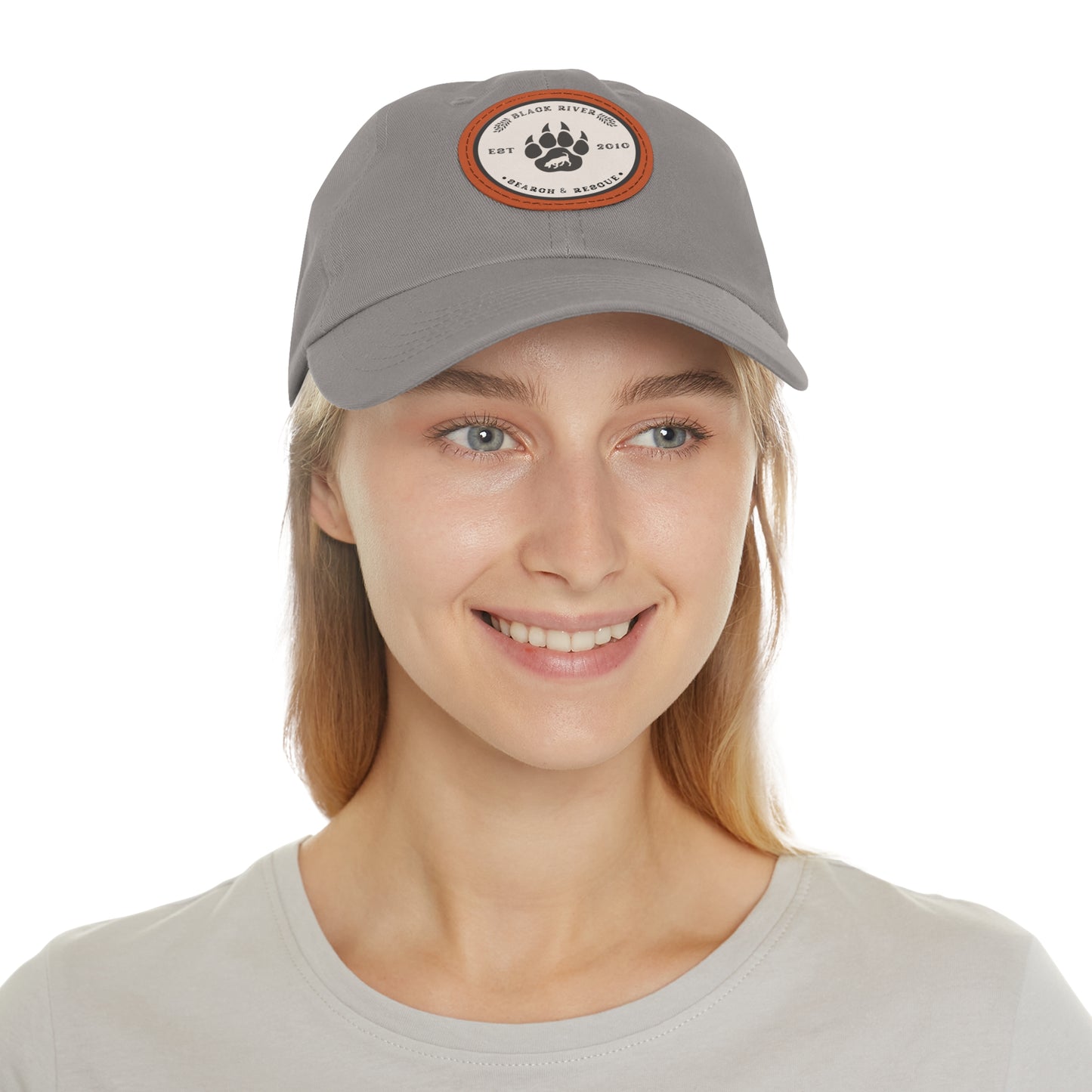 Unisex Hat with Leather Patch (Round), Black River Search & Rescue Logo, Beige patch