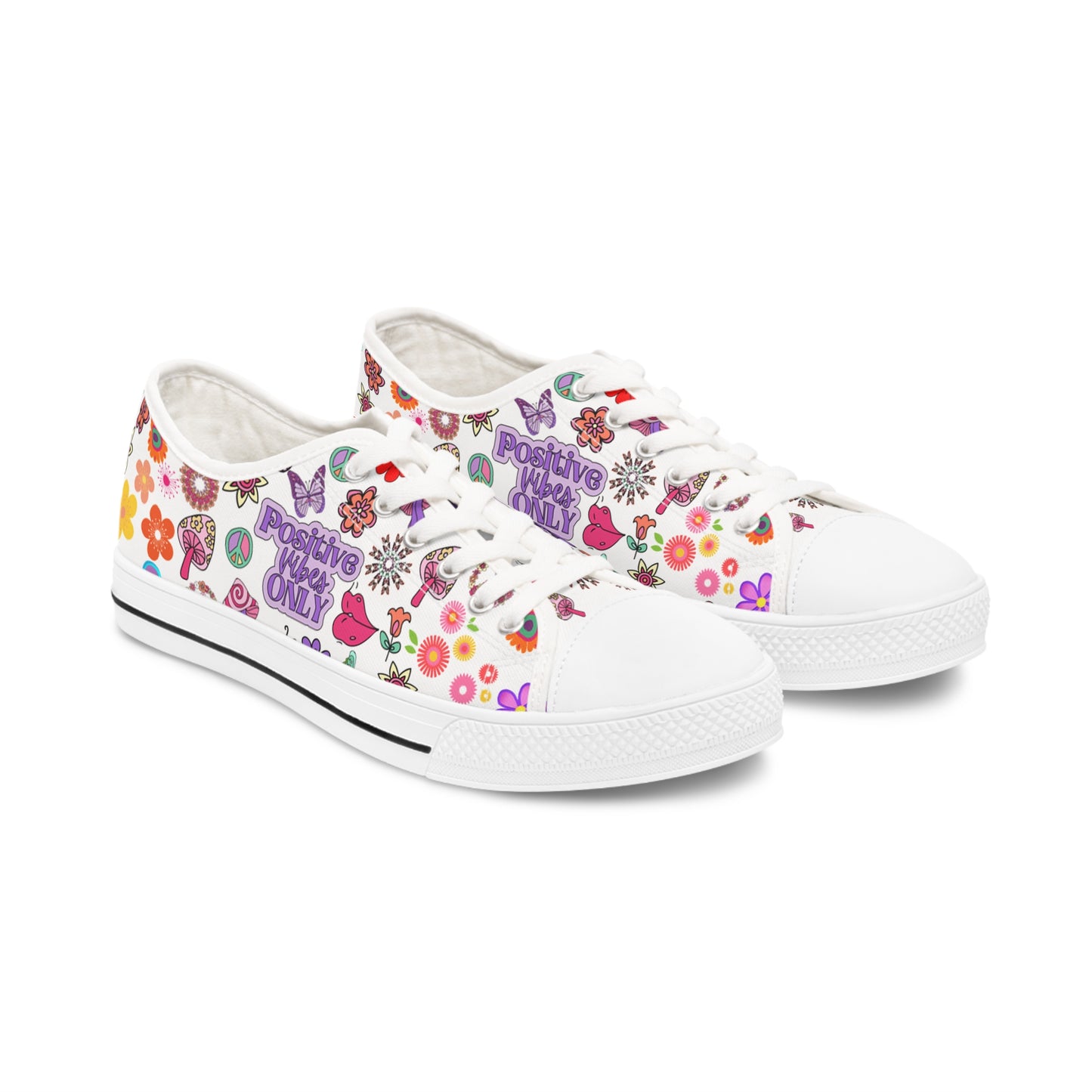 Women's Low Top Sneakers, Stay Positive, Peace Signs, Flowers, pastel, 60's