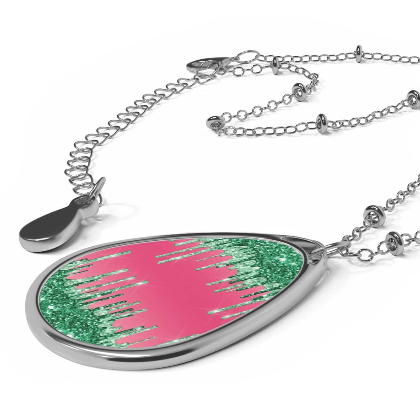 Pink and Green Glitter Drips Oval Necklace