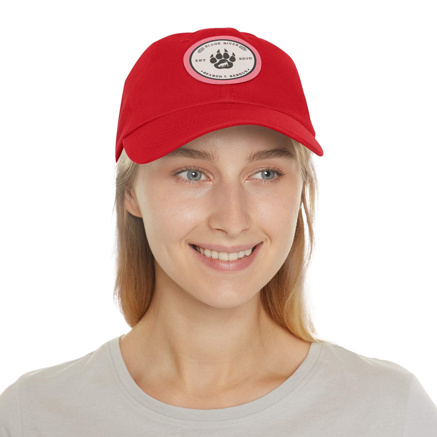 Unisex Hat with Leather Patch (Round), Black River Search & Rescue Logo, Beige patch