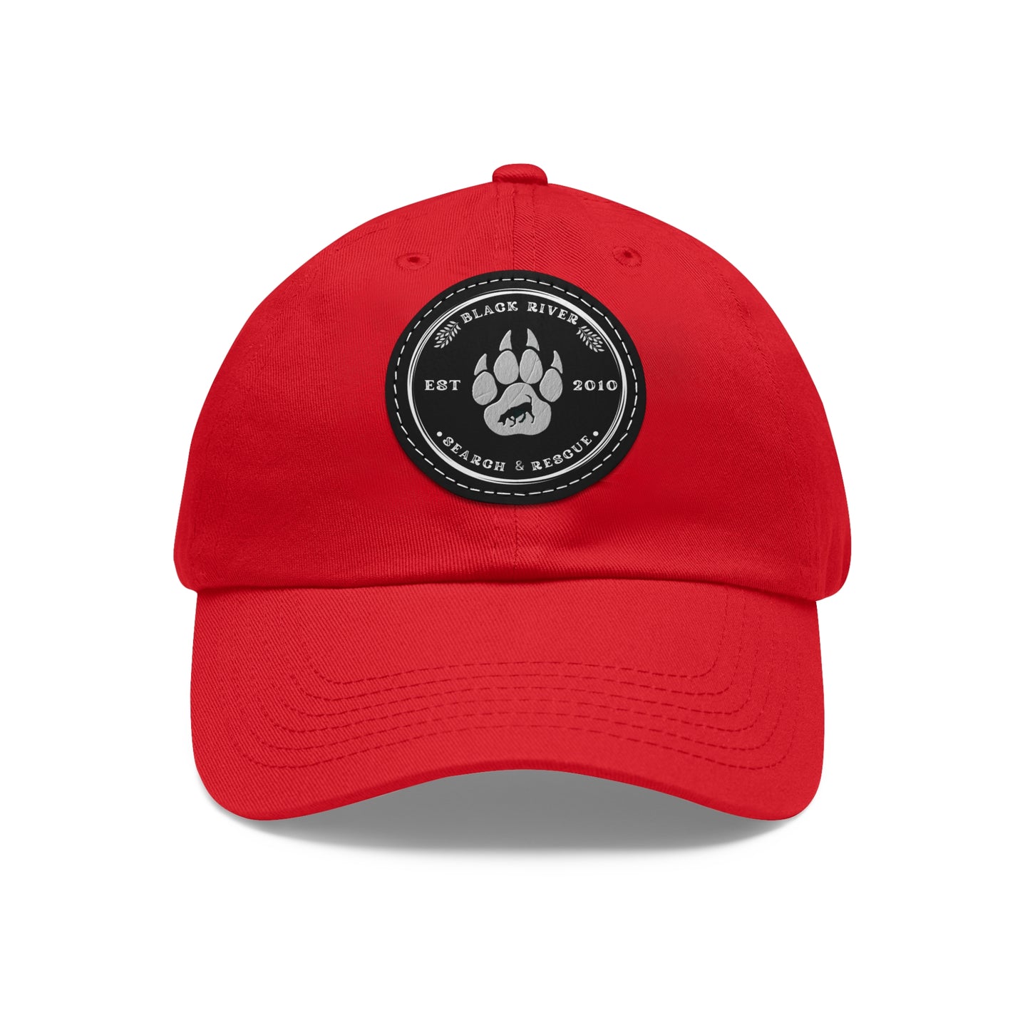 Unisex Hat with Leather Patch (Round), Black River Search & Rescue Logo, black & white patch