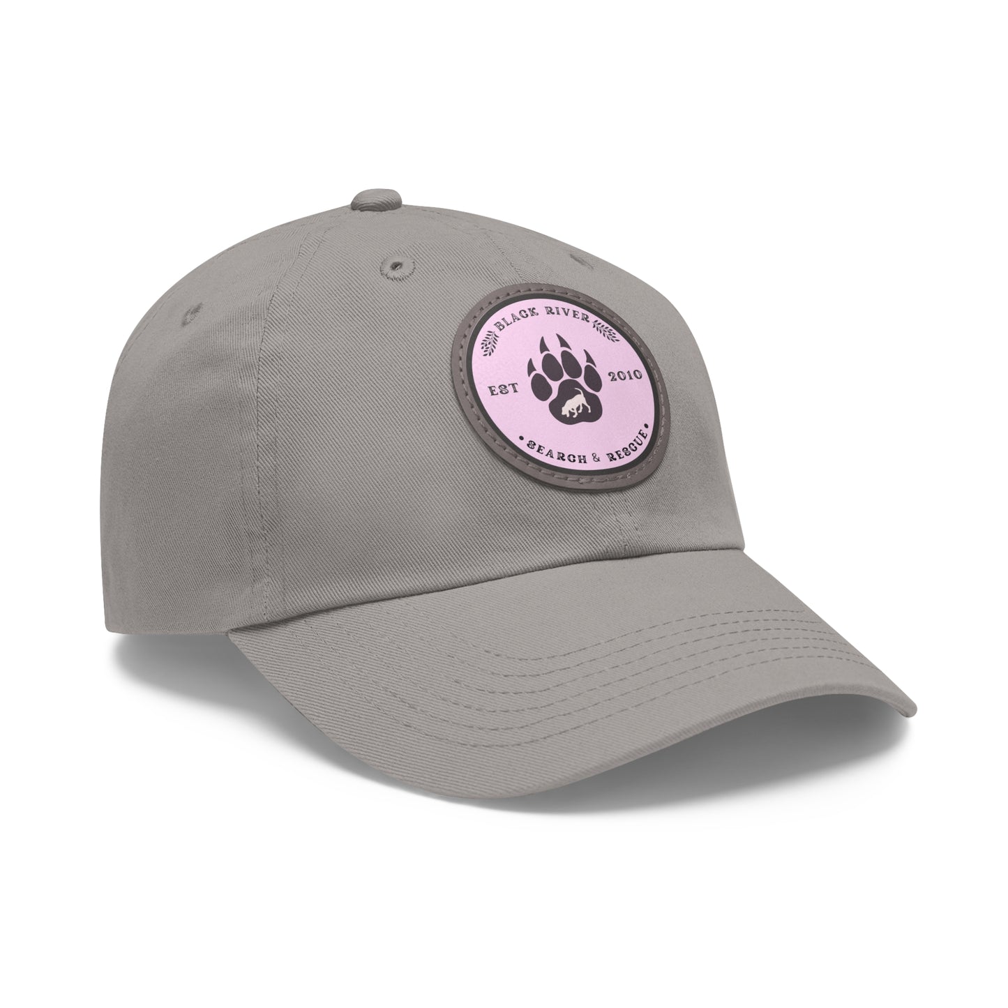 Copy of Unisex Hat with Leather Patch (Round), Black River Search & Rescue Logo, Pink patch