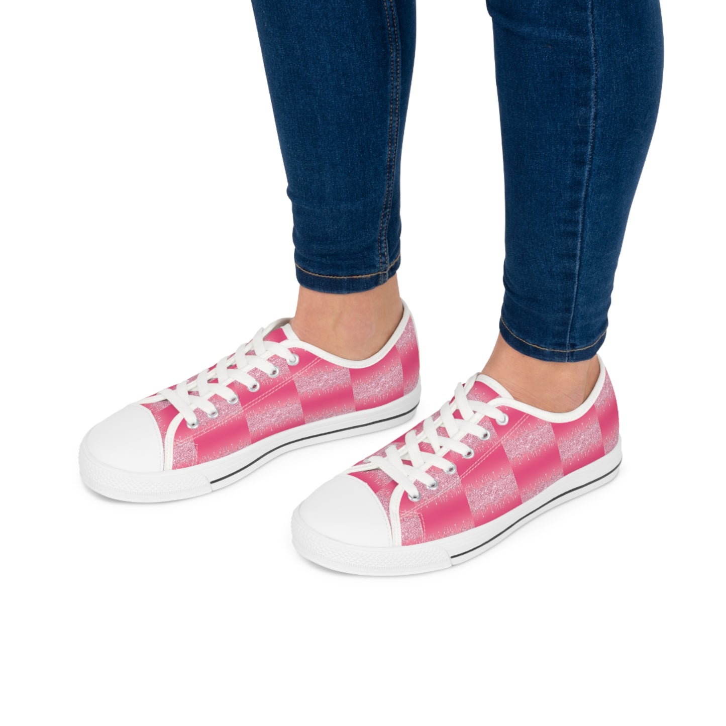 Pink Glitter Check Print Women's Low Top Sneakers