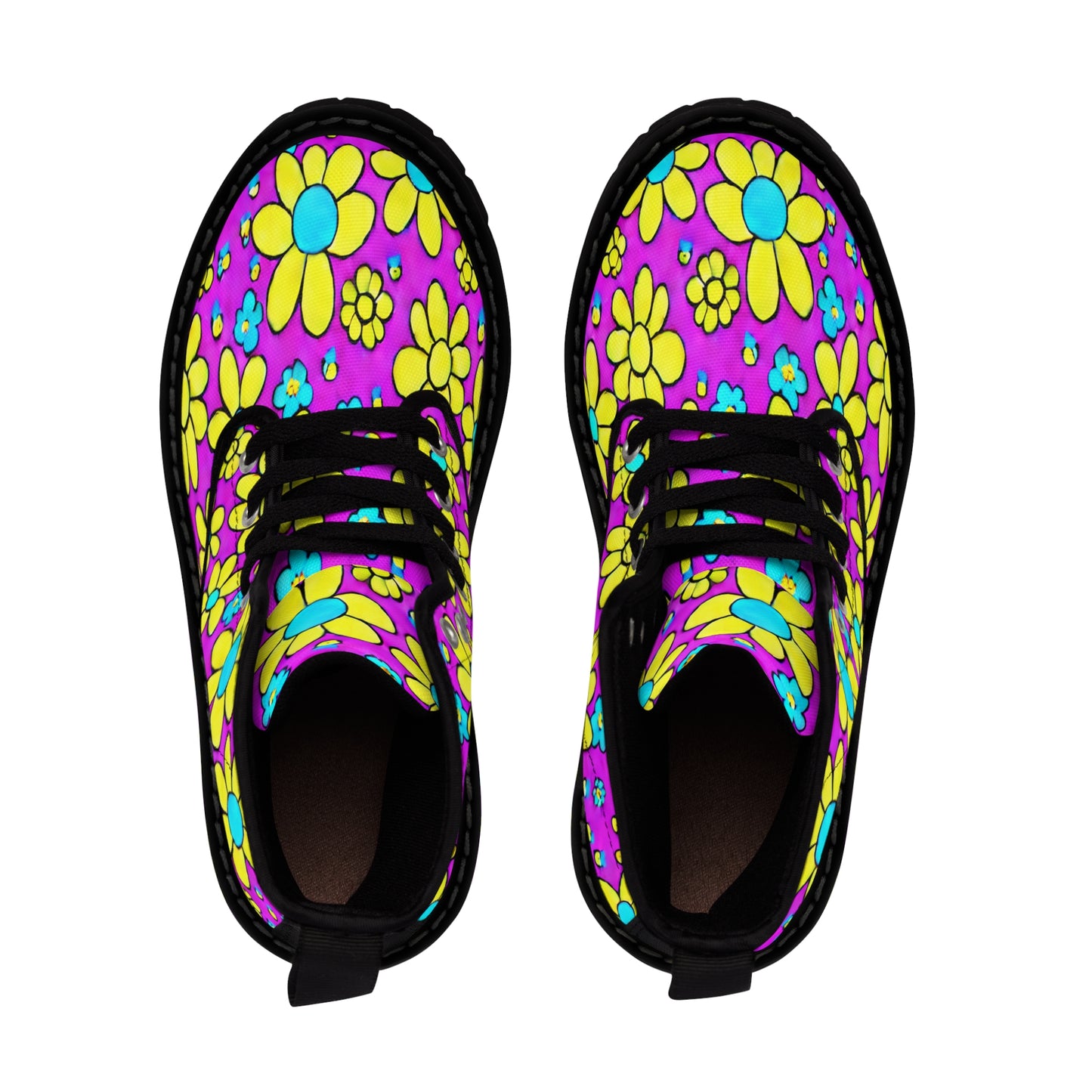 Women's Canvas Boots, Daisies, Purple, Yellow,, Retro, Flowers