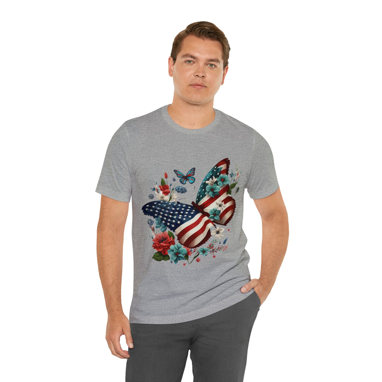 Unisex Jersey Short Sleeve Tee, American Flag, Butterfly, Patriotic