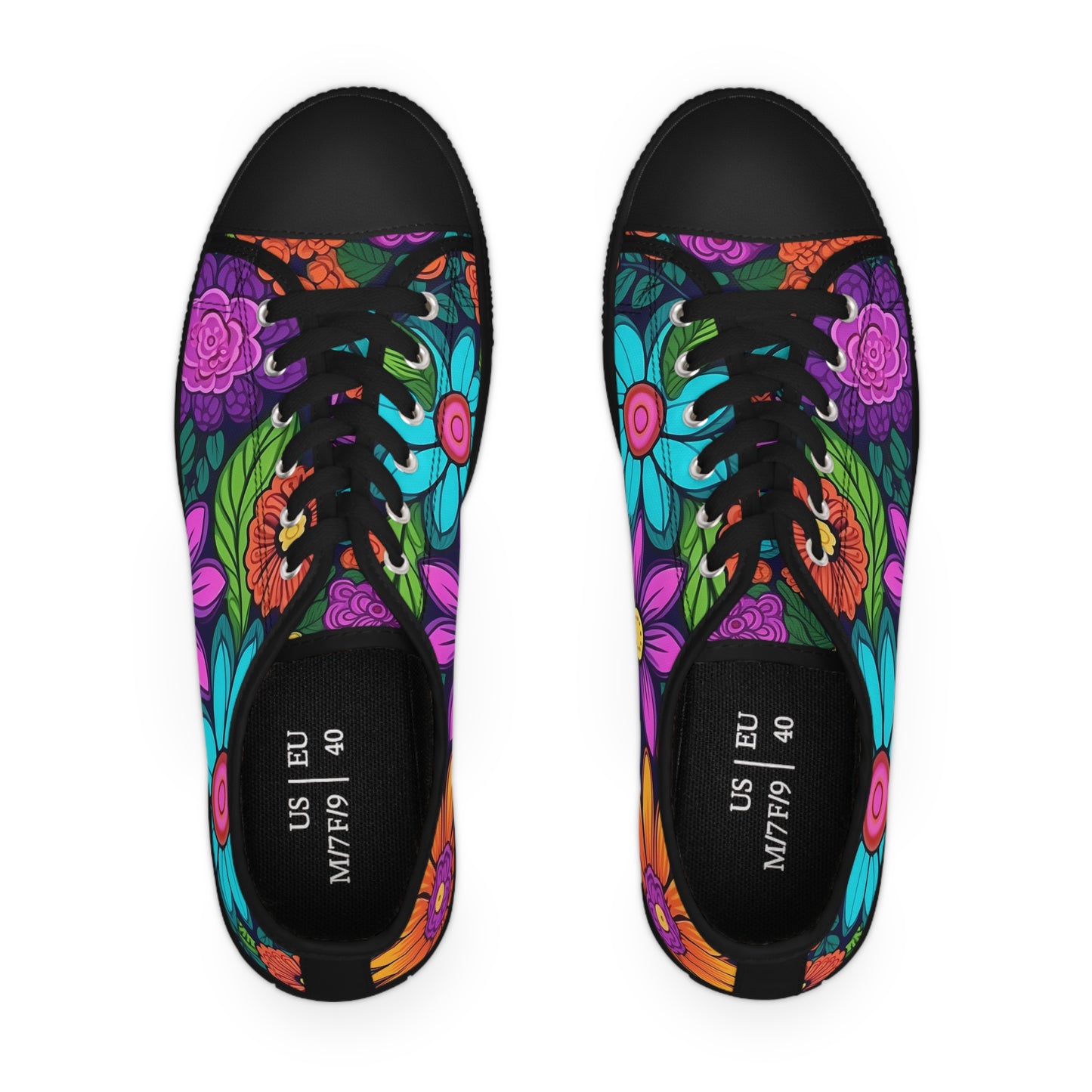 Women's Low Top Sneakers, Retro Flowers, Purple, Aqua, Multi-color floral