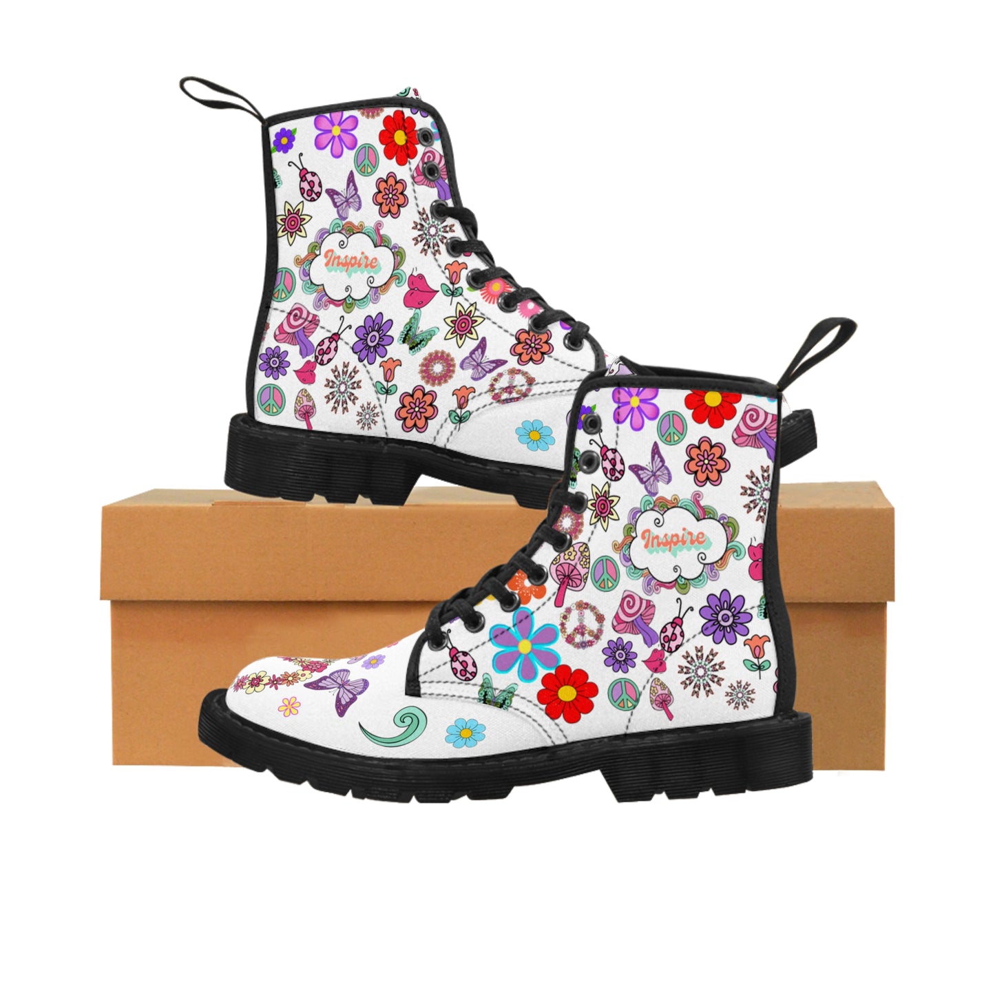 Women's Canvas Boots, Inspire, Stay Positive, 60's, Peace Signs, Flowers, Multi-Color