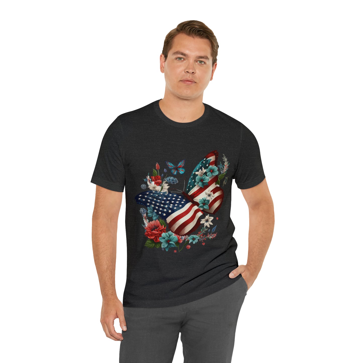 Unisex Jersey Short Sleeve Tee, American Flag, Butterfly, Patriotic