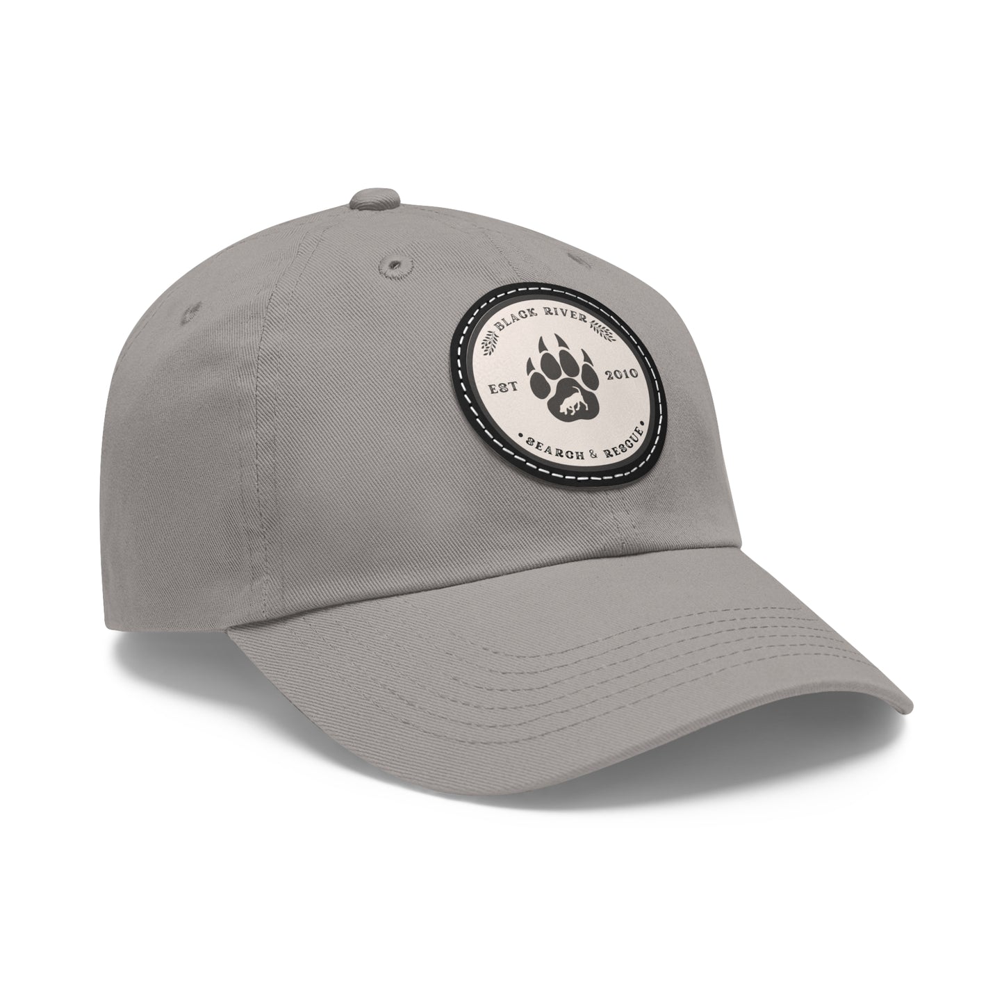 Unisex Hat with Leather Patch (Round), Black River Search & Rescue Logo, Beige patch