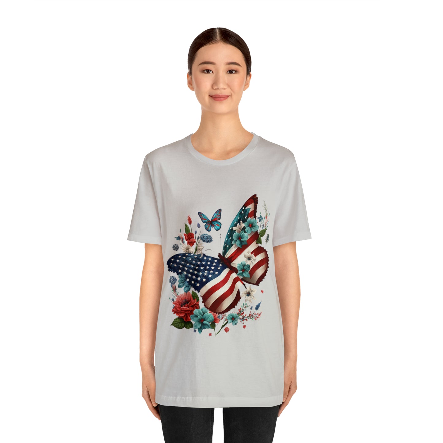 Unisex Jersey Short Sleeve Tee, American Flag, Butterfly, Patriotic