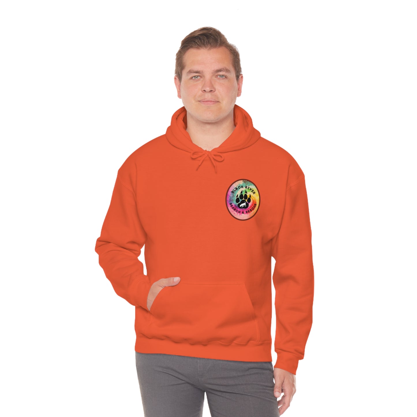 Tie Dye Black River Search & Rescue Logo with Lucy Unisex Heavy Blend™ Hooded Sweatshirt