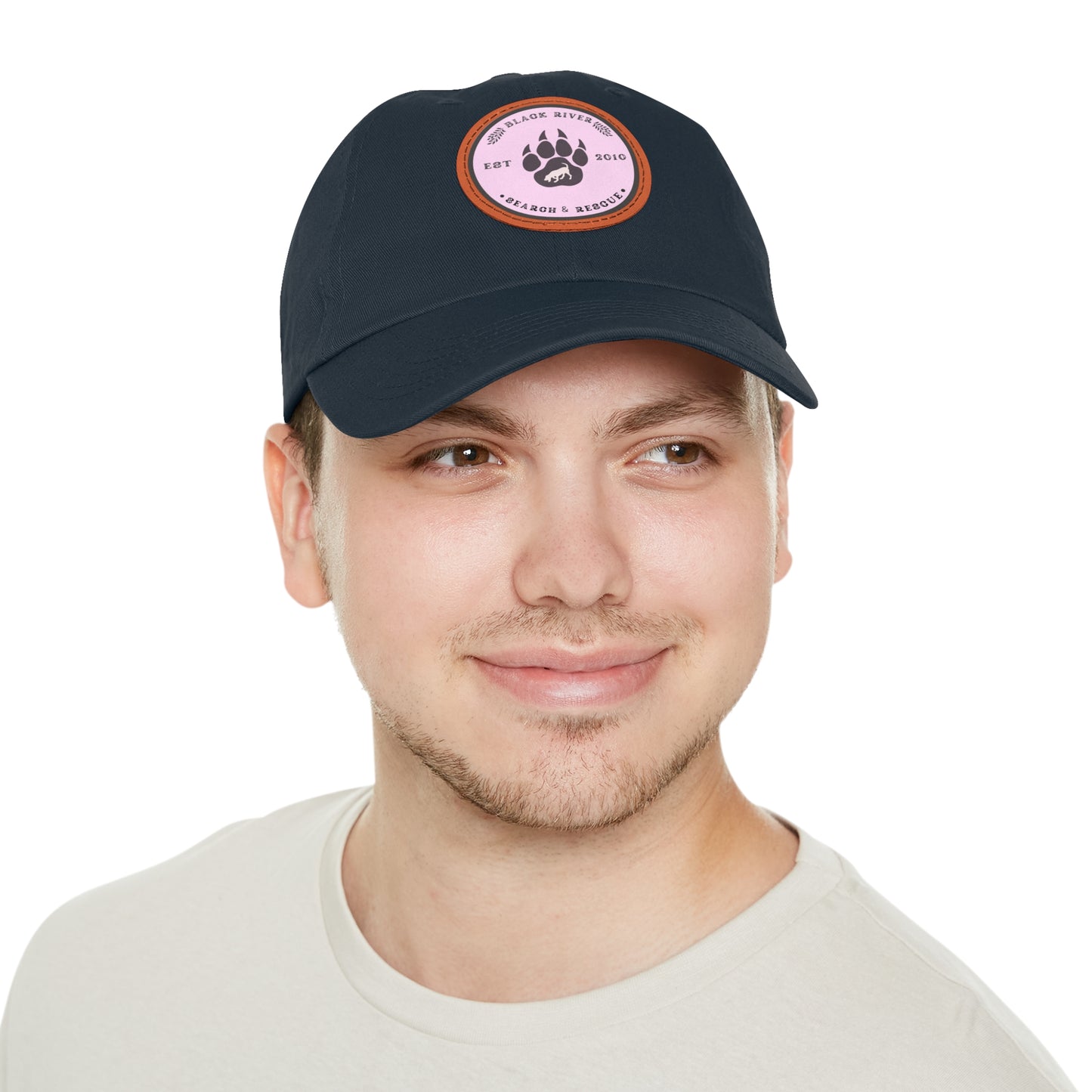 Copy of Unisex Hat with Leather Patch (Round), Black River Search & Rescue Logo, Pink patch