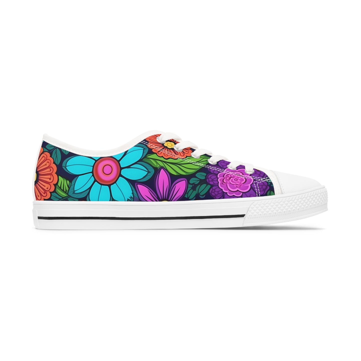 Women's Low Top Sneakers, Retro Flowers, Purple, Aqua, Multi-color floral