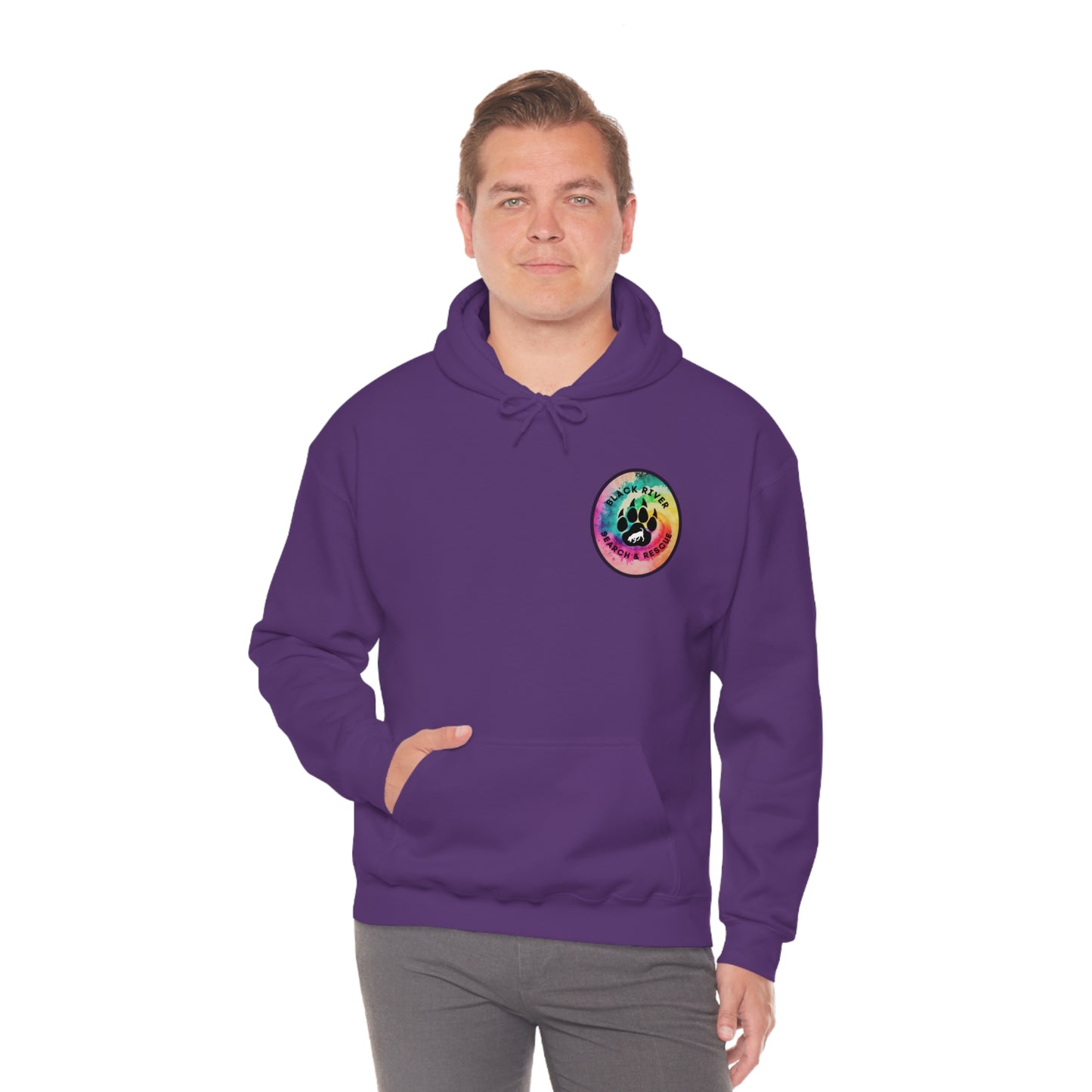 Tie Dye Black River Search & Rescue Logo with Lucy Unisex Heavy Blend™ Hooded Sweatshirt