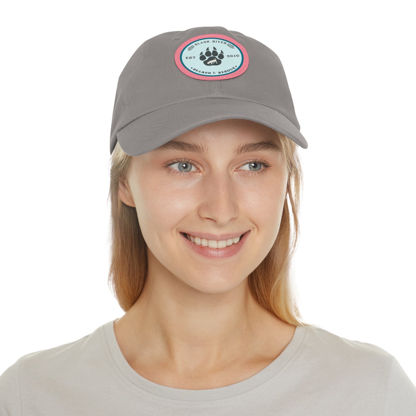 Unisex Hat with Leather Patch (Round), Black River Search & Rescue Logo, Turquoise patch