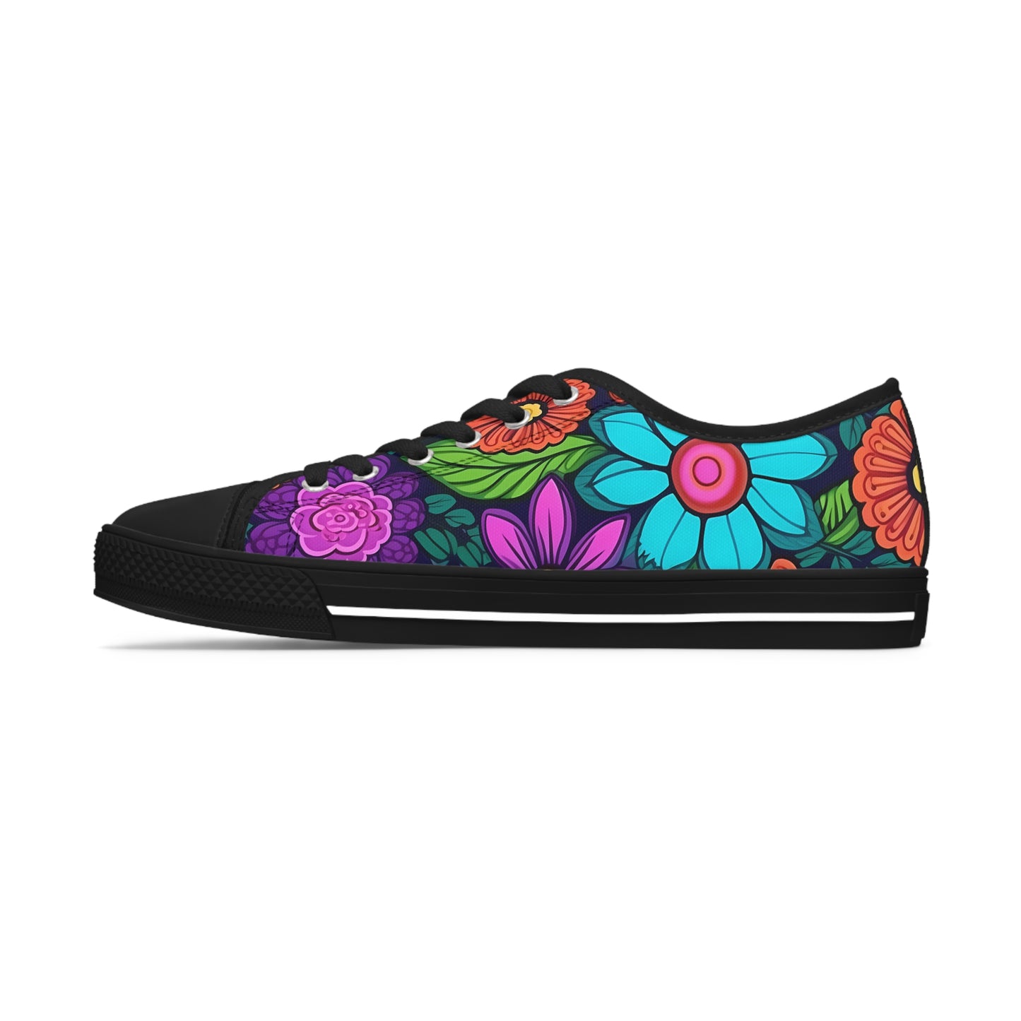 Women's Low Top Sneakers, Retro Flowers, Purple, Aqua, Multi-color floral