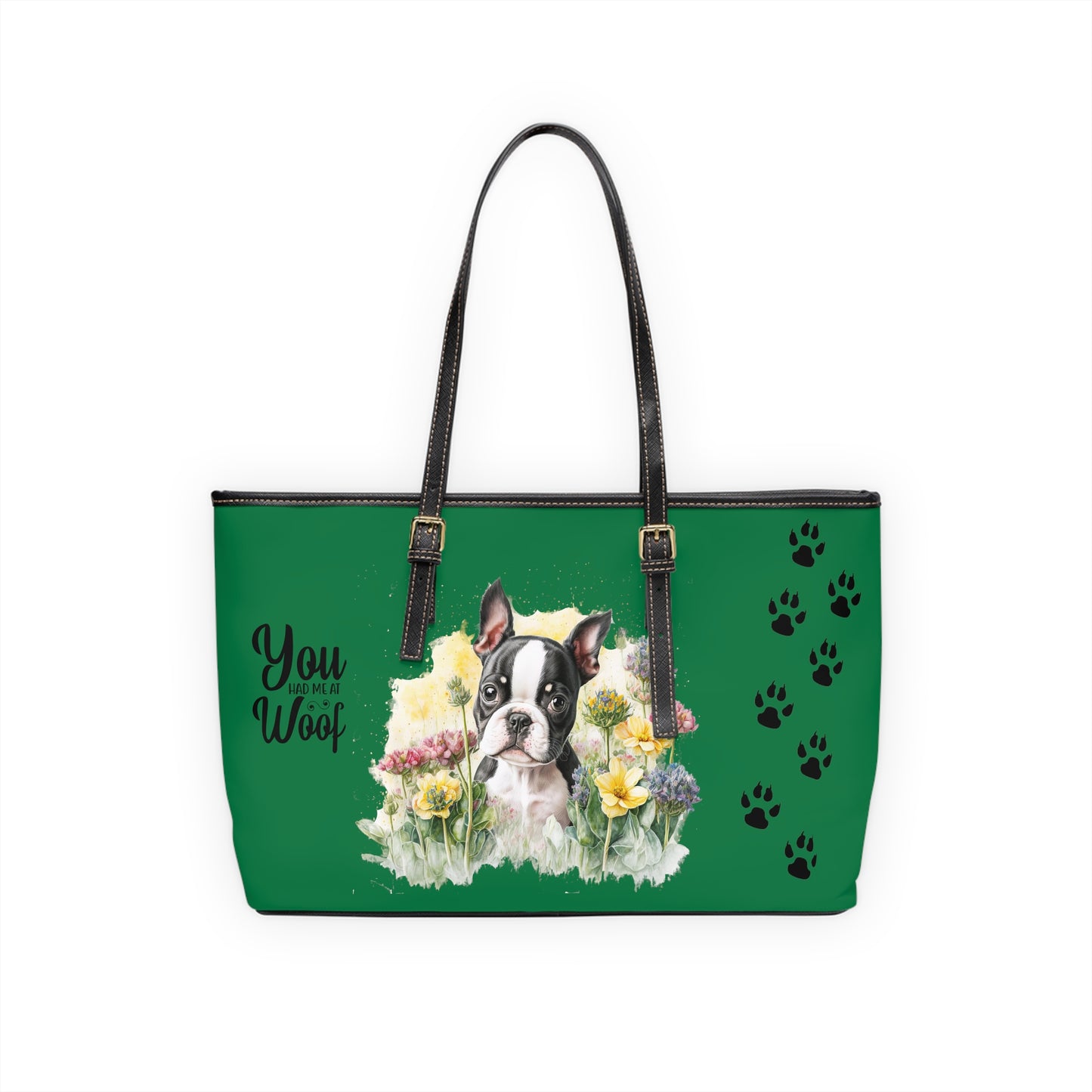 Boston Terrier Puppy Leather Shoulder Bag Green two Boston Terrier puppies You Had Me at Woof Stay Pawsitive