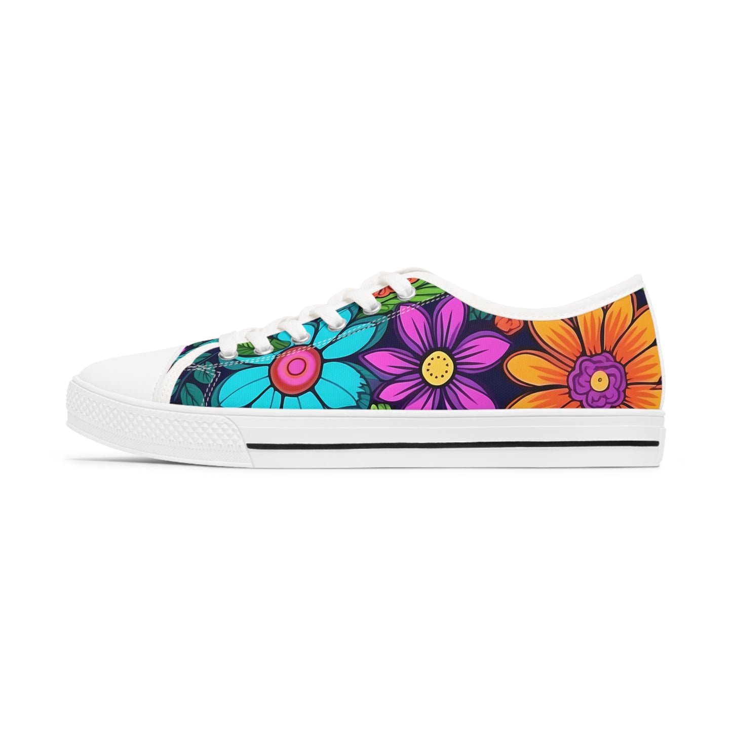 Women's Low Top Sneakers, Retro Flowers, Purple, Aqua, Multi-color floral