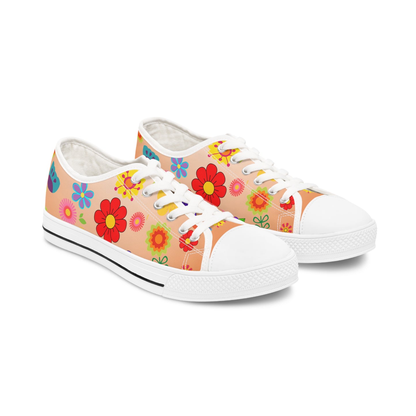 Women's Low Top Sneakers, Retro Flowers, Orange, Multi-color flowers