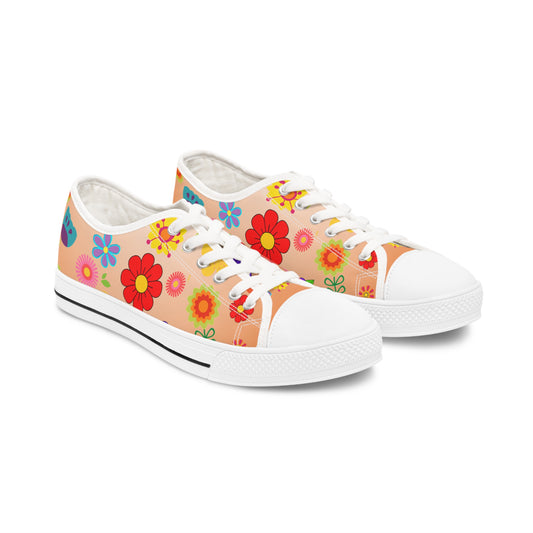 Women's Low Top Sneakers, Retro Flowers, Orange, Multi-color flowers