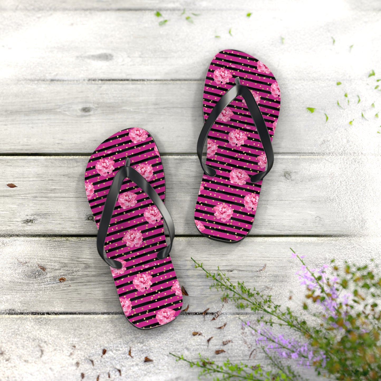 Bright Pink rose and black striped Flip Flops