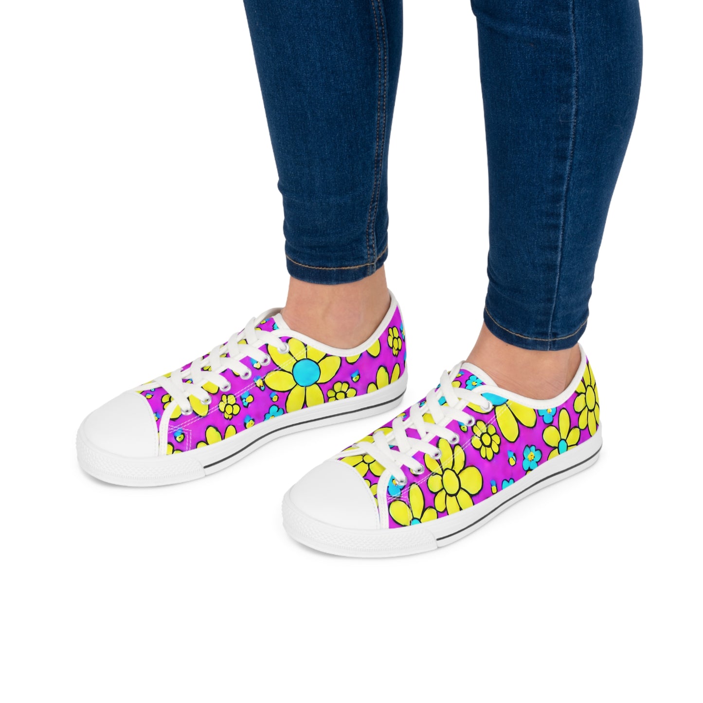 Women's Low Top Sneakers, Retro Flowers, Purple, Yellow, Multi-color flowers