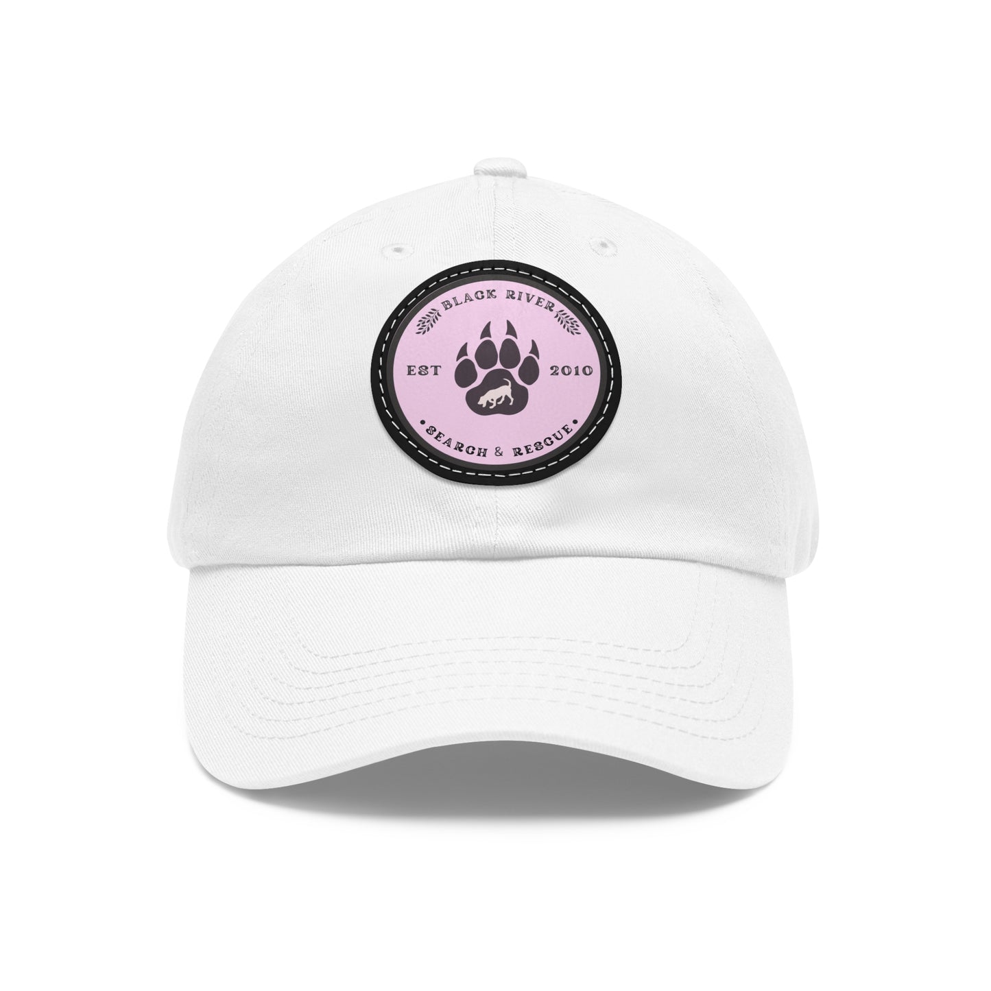 Copy of Unisex Hat with Leather Patch (Round), Black River Search & Rescue Logo, Pink patch