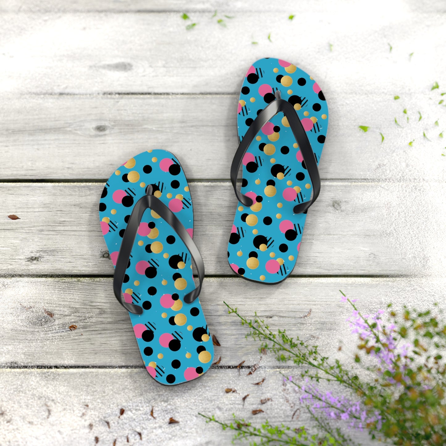 Turquoise pink, black gold polka dot Flip Flops