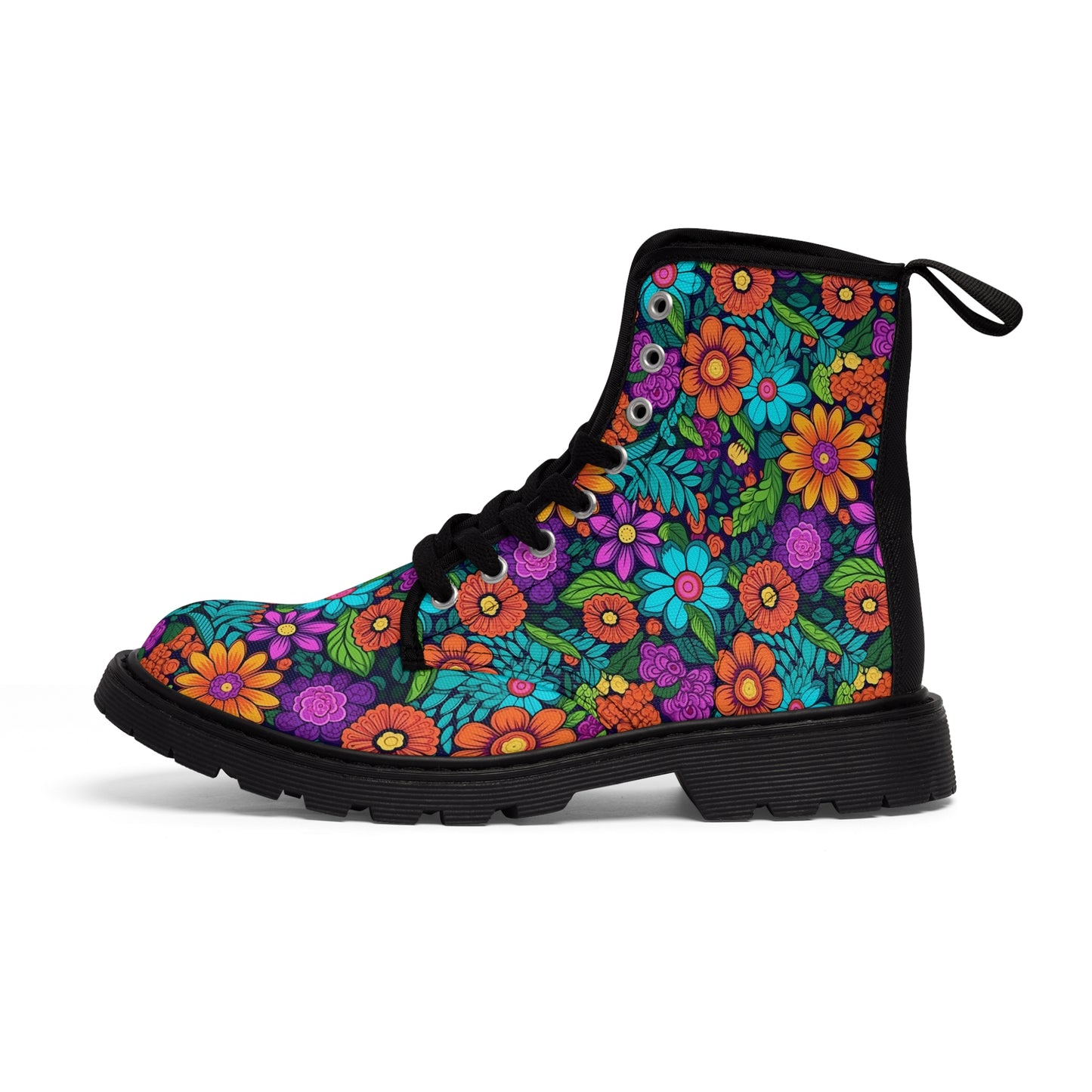 Women's Canvas Boots, Daisies, Sunflowers, Yellow, Purple, Aqua, Flowers, Retro small print flowers