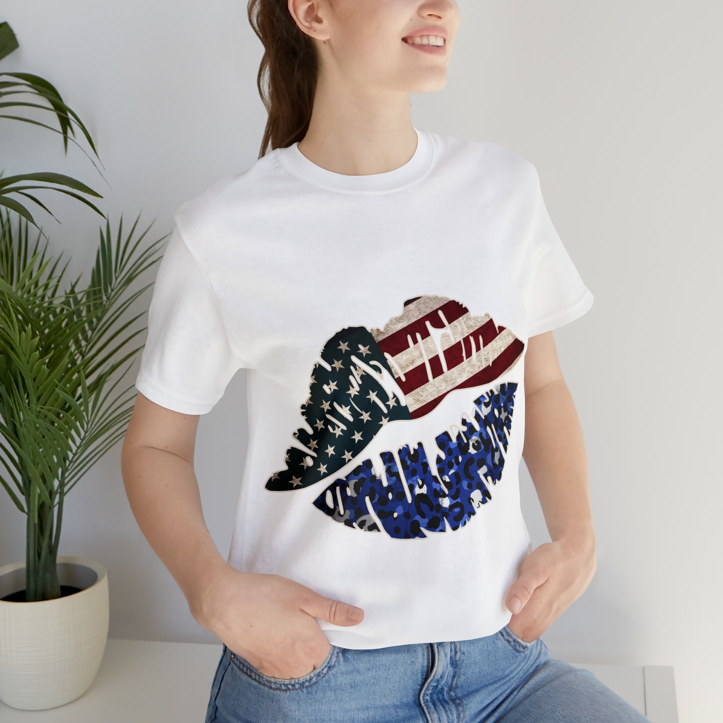 American Flag Lips 4th of July Unisex Jersey Short Sleeve Tee Patriotic Retro