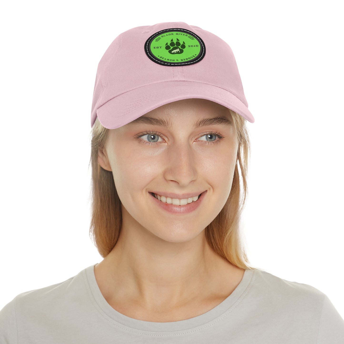 Unisex Hat with Leather Patch (Round), Black River Search & Rescue Logo, Lime Green patch