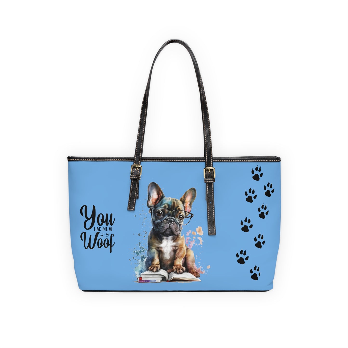 French Bulldog Leather Shoulder Bag Light Blue two Frenchie pictures You Had Me at Woof Stay Pawsitive