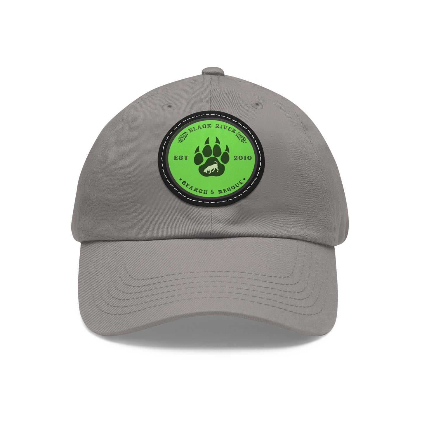 Unisex Hat with Leather Patch (Round), Black River Search & Rescue Logo, Lime Green patch