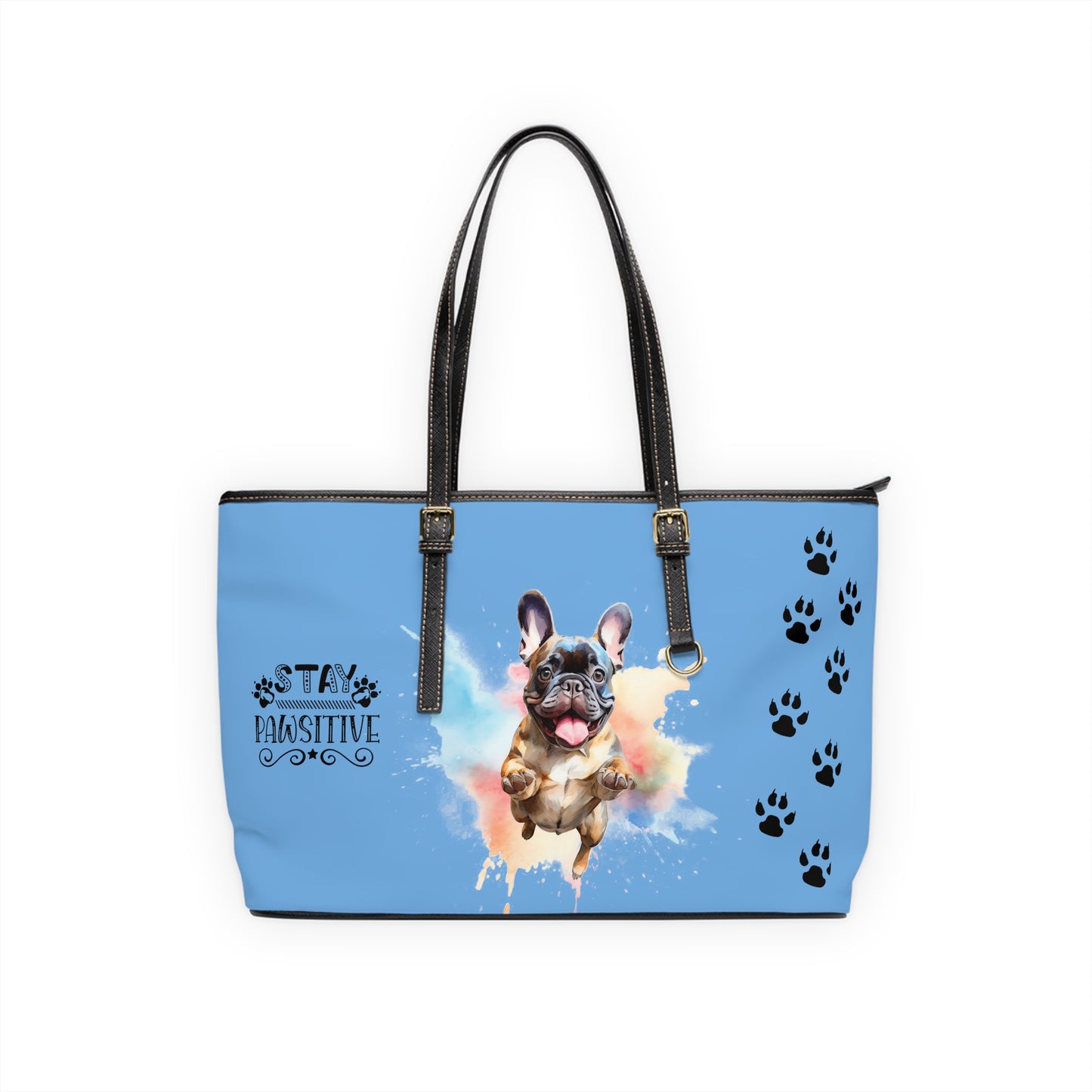 French Bulldog Leather Shoulder Bag Light Blue two Frenchie pictures You Had Me at Woof Stay Pawsitive