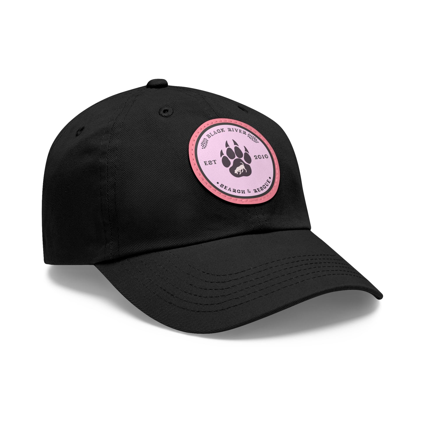 Copy of Unisex Hat with Leather Patch (Round), Black River Search & Rescue Logo, Pink patch