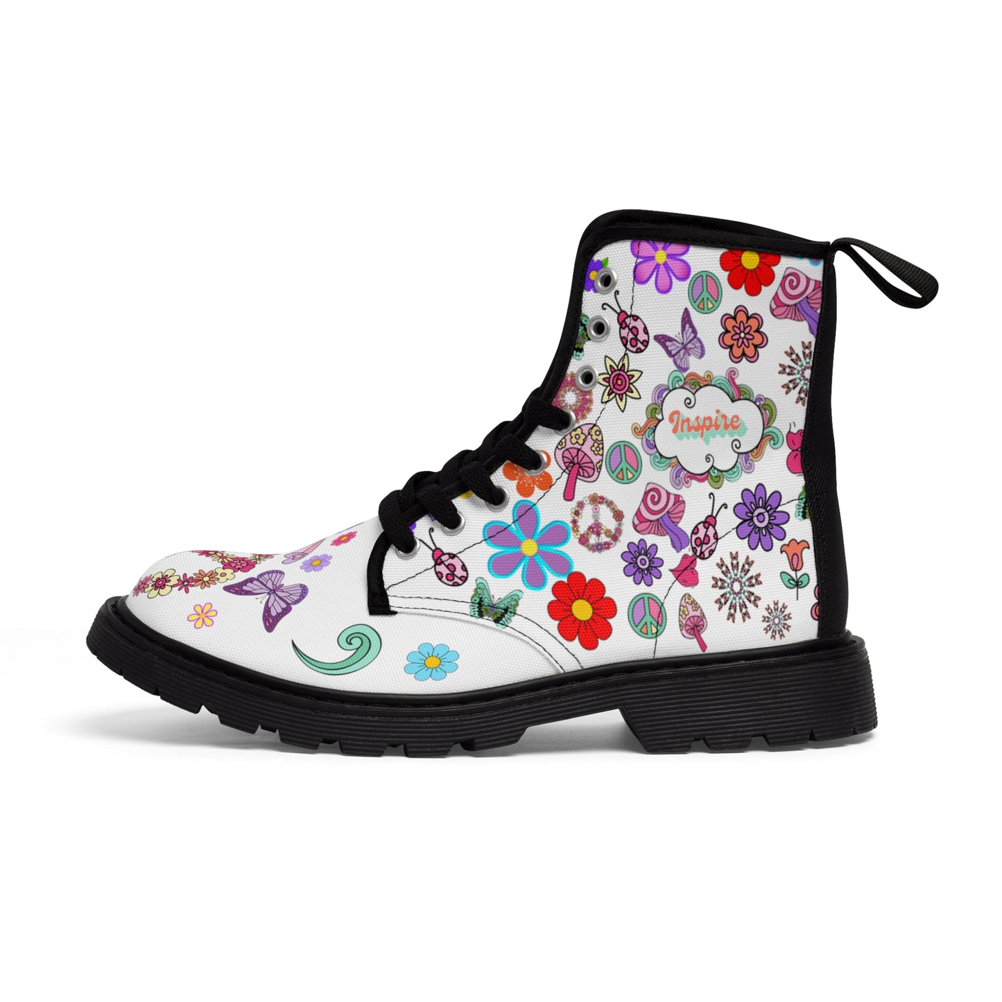 Women's Canvas Boots, Inspire, Stay Positive, 60's, Peace Signs, Flowers, Multi-Color